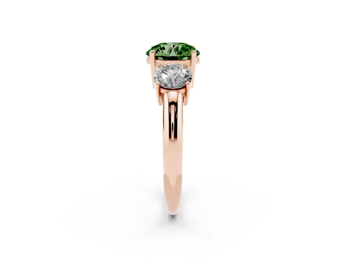 Fancy Green Three-Stone Round Cut Cut Diamond Engagement Ring with Prong Setting on a White Gold Band Rose gold