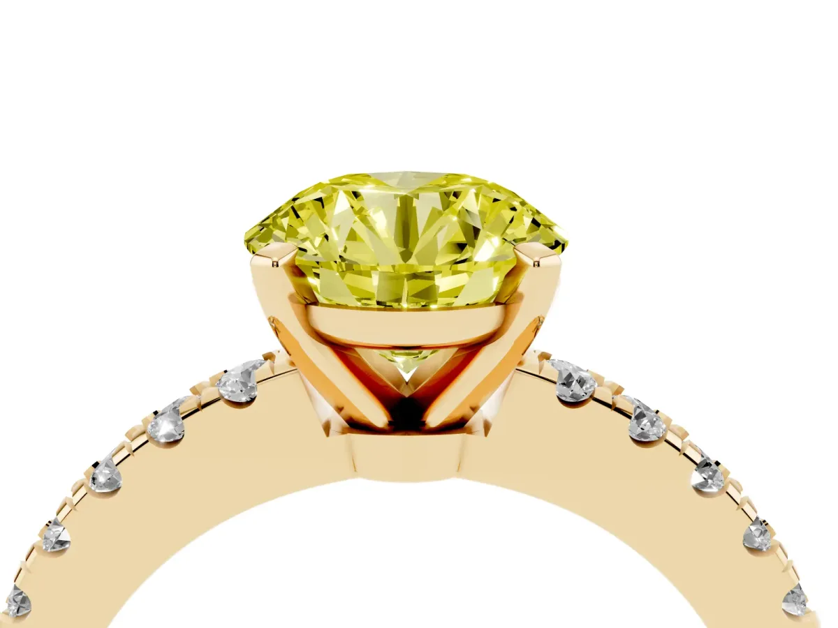 Fancy Yellow Round Cut Solitaire Diamond with Pavé Band and Four-Prong Setting Yellow gold