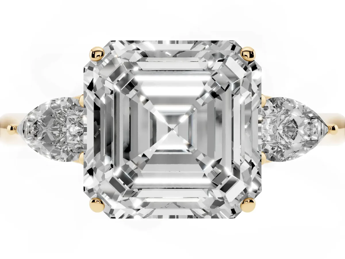 Three-Stone Asscher Cut Brilliant Diamond Solitaire Ring with Tapered Band and Four-Prong Setting Yellow gold