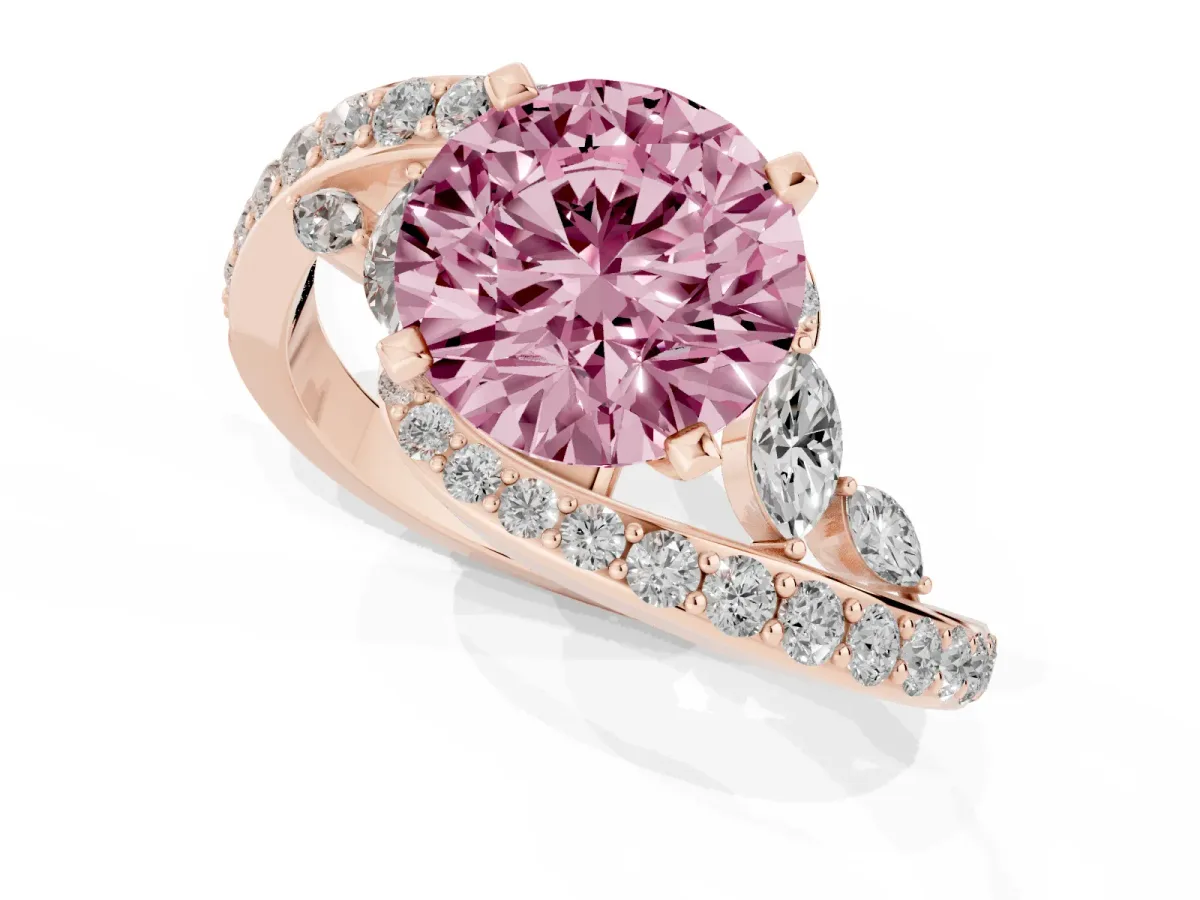 Fancy Pink Round Cut Solitaire with Pavé Twist Band and Four-Prong Setting Rose gold