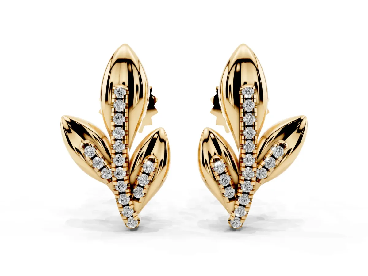 Round Diamond Olive Branch Stud Earrings Yellow gold