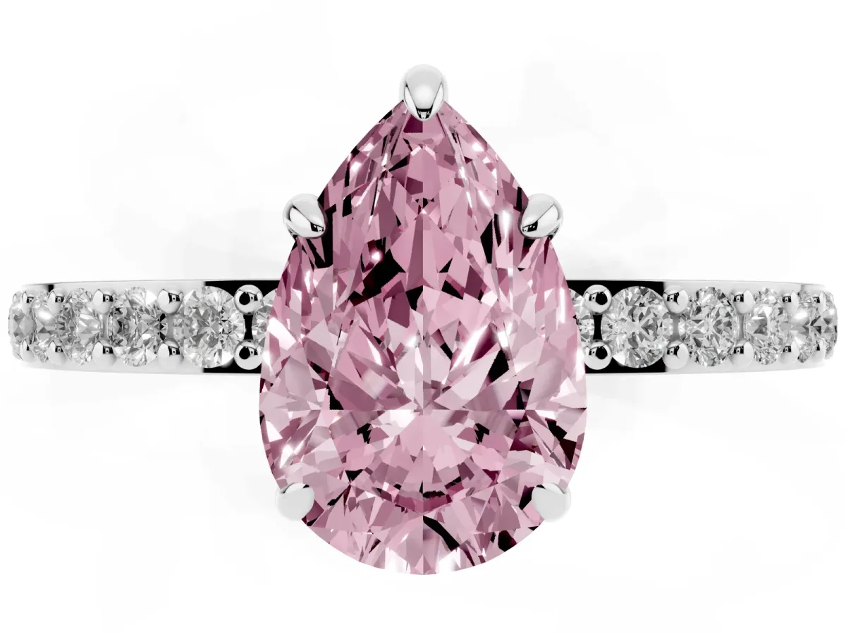 Fancy Pink Pear Cut Diamond Pavé Engagement Ring with Round Accents and Prong Setting Platinum