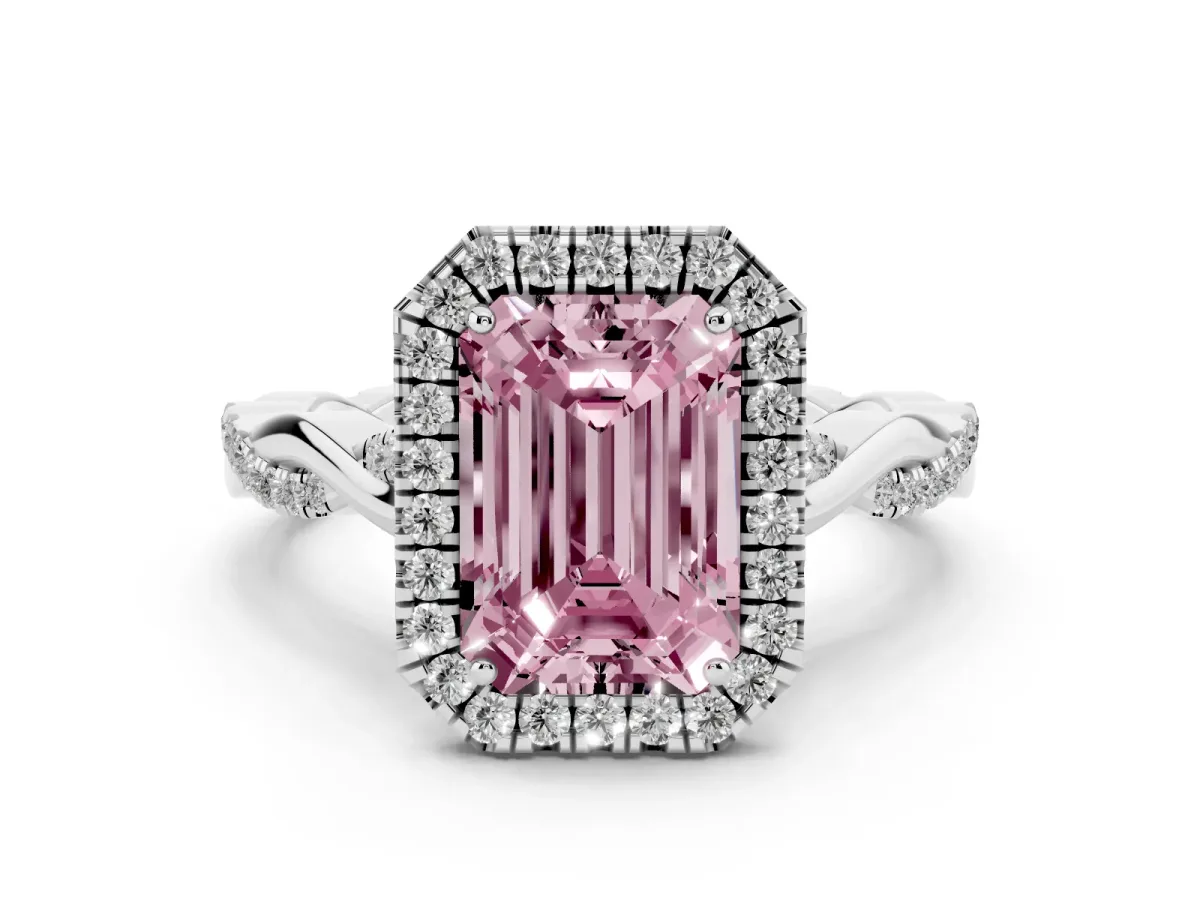 Fancy Pink Emerald Cut Halo Twist Band Solitaire Ring Silver