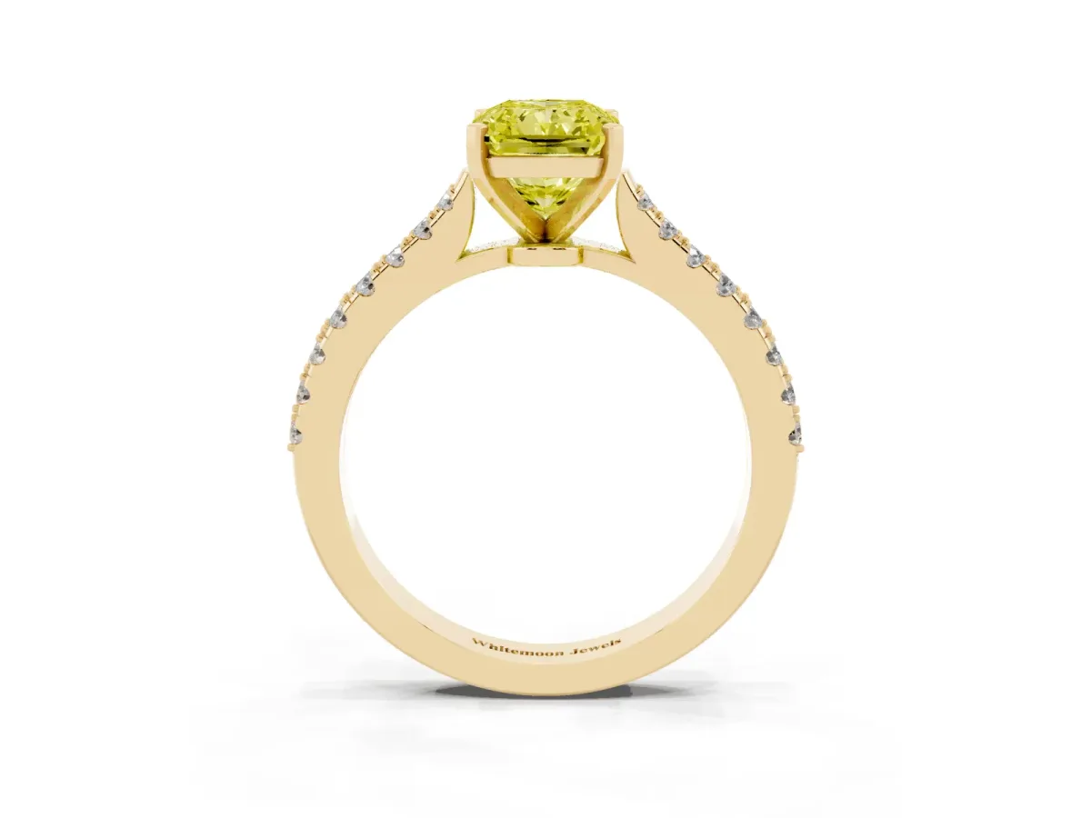 Fancy Yellow Radiant Cut Cut Solitaire Diamond Engagement Ring with Pave Band and Four-Prong Setting Yellow gold