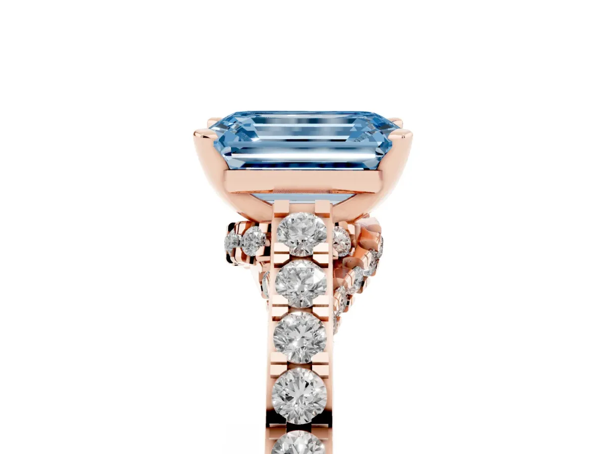 Fancy Blue Emerald Cut Diamond Solitaire Ring with Crossover Gallery and Round Pavé Band Rose gold