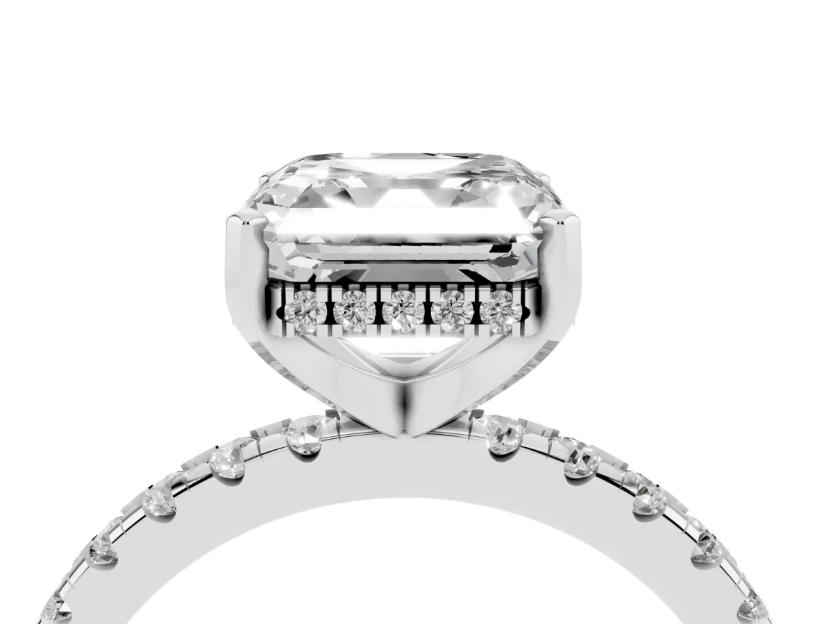 Asscher Cut Diamond Solitaire Ring with Round Pavé Band and Four-Prong Setting Silver