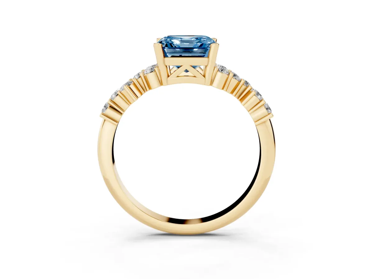 Fancy Blue Asscher Cut Diamond Scattered Round Accent Ring with Prong Setting Yellow gold
