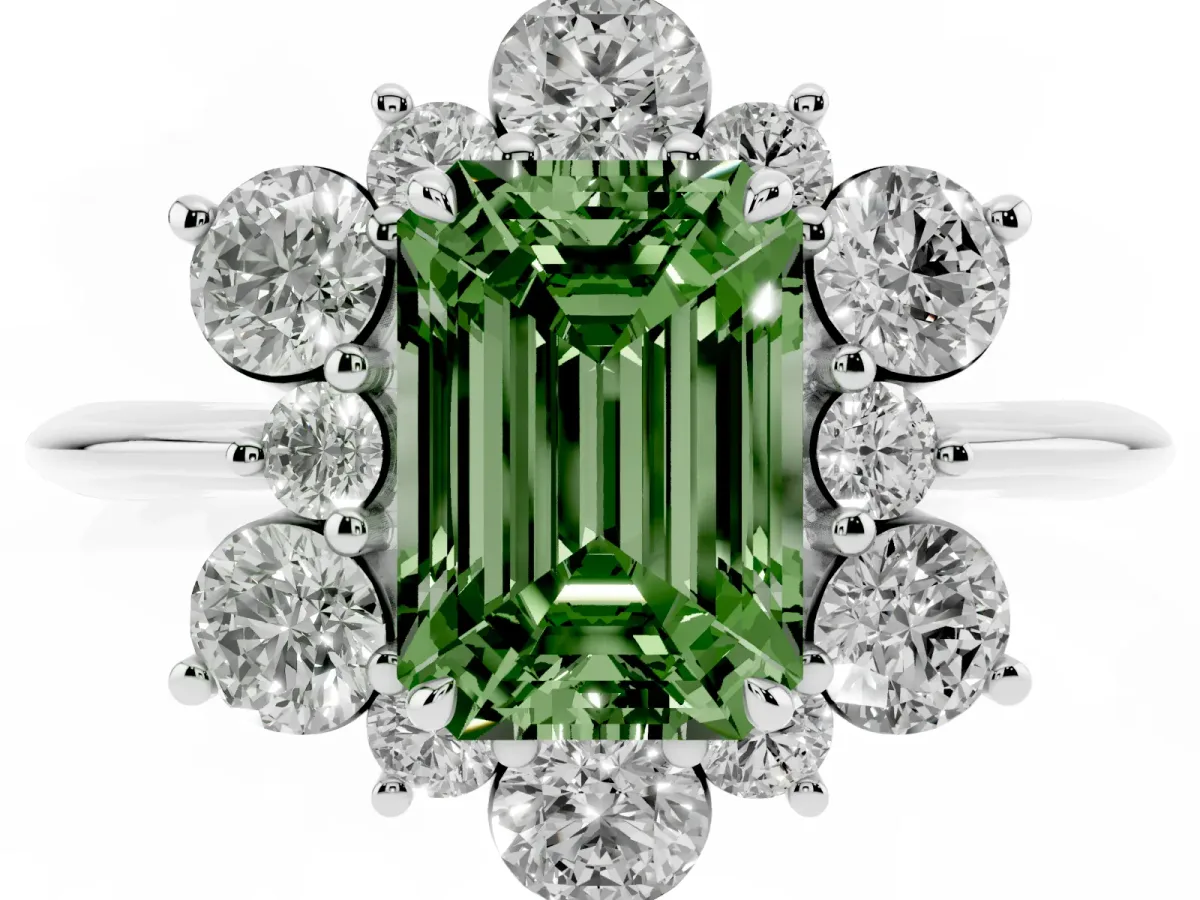 Fancy Green Emerald Cut Diamond Cluster Halo Ring with Solitaire Band and Four-Prong Setting Silver