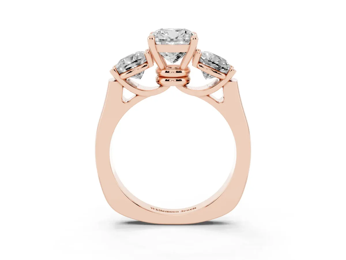 Three-Stone Cushion Cut Brilliant Diamond Trellis Ring with Comfort Fit Band Rose gold