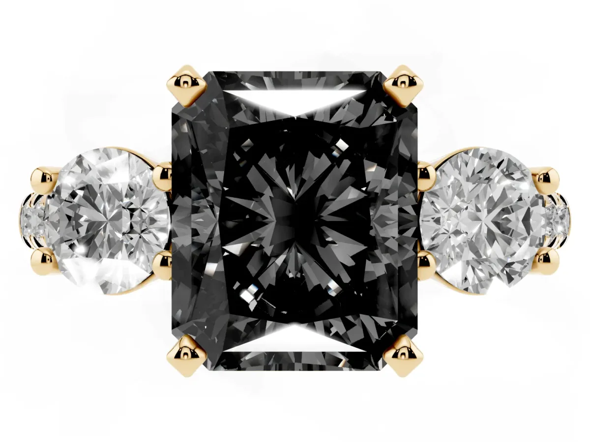 Fancy Black Three-Stone Radiant Cut Diamond Pavé Band with Four-Prong Setting Yellow gold