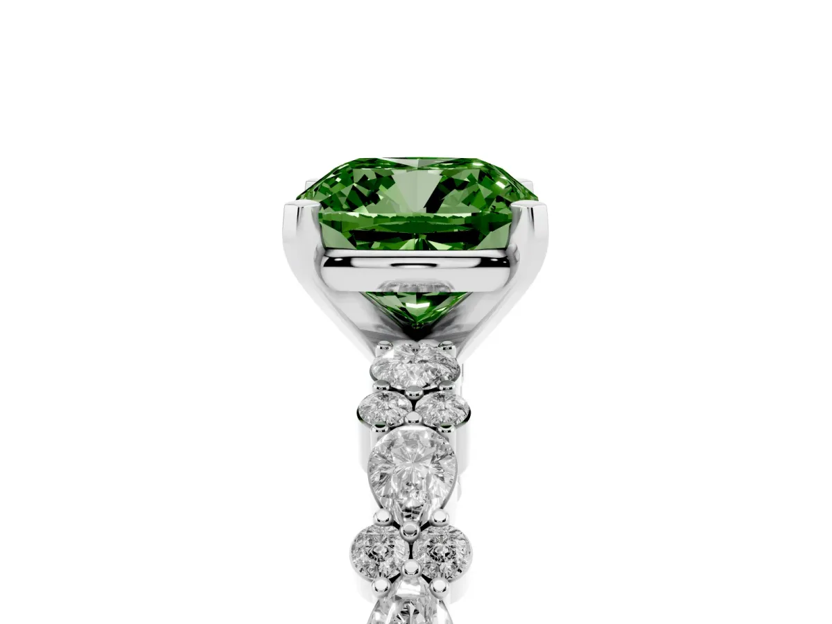 Fancy Green Cushion Cut Diamond Side Stone Solitaire Ring with Round and Four-Prong Setting Silver