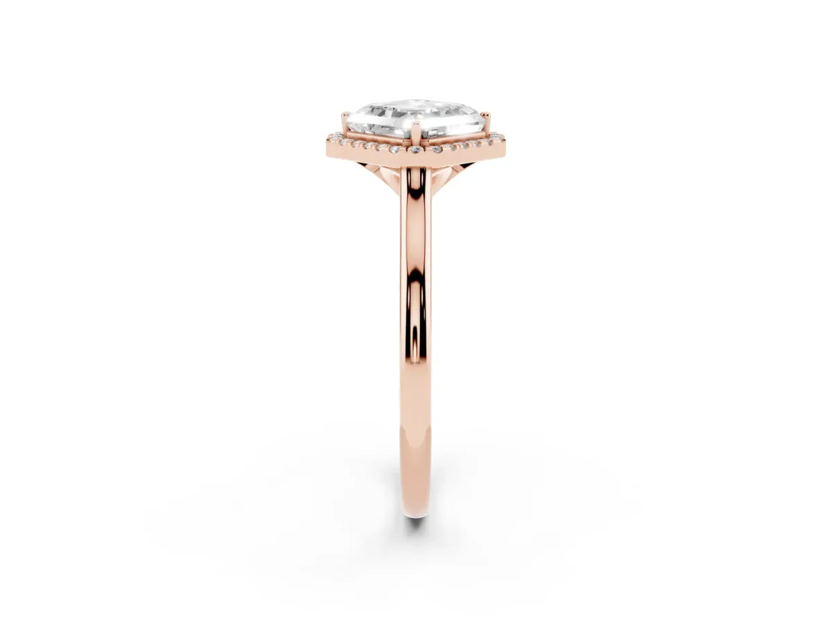 Asscher Cut Halo Round Diamond Solitaire Engagement Ring with Pave Band and Four-Prong Setting Rose gold
