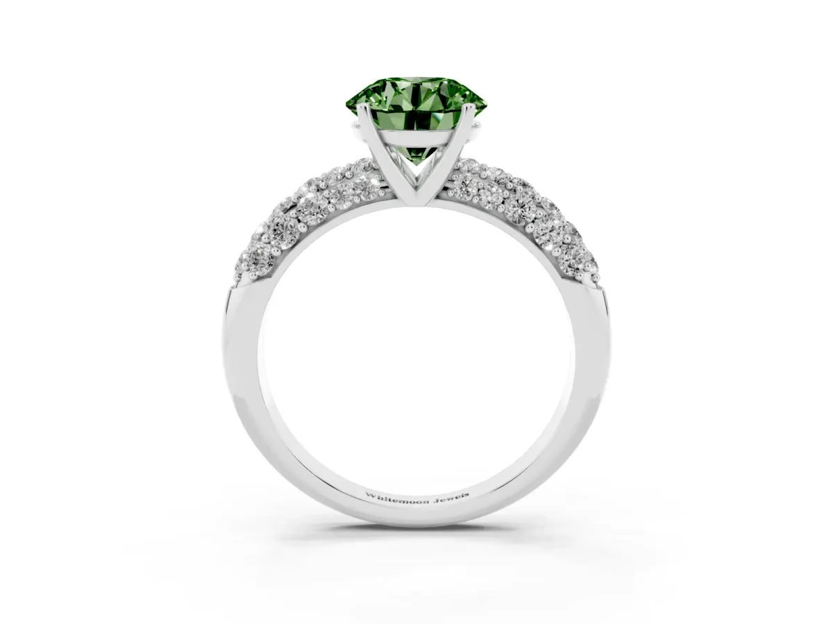 Fancy Green Round Cut Diamond Pavé Band Solitaire Ring with Four-Prong Setting Platinum