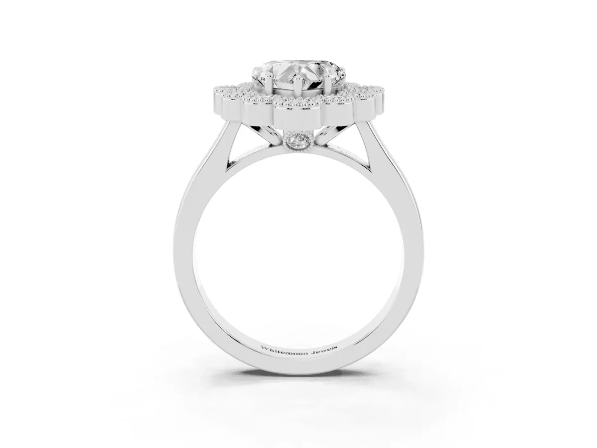 Heart Cut Halo Diamond Cluster Engagement Ring with Milgrain Bezel Setting and Solitaire Band White gold