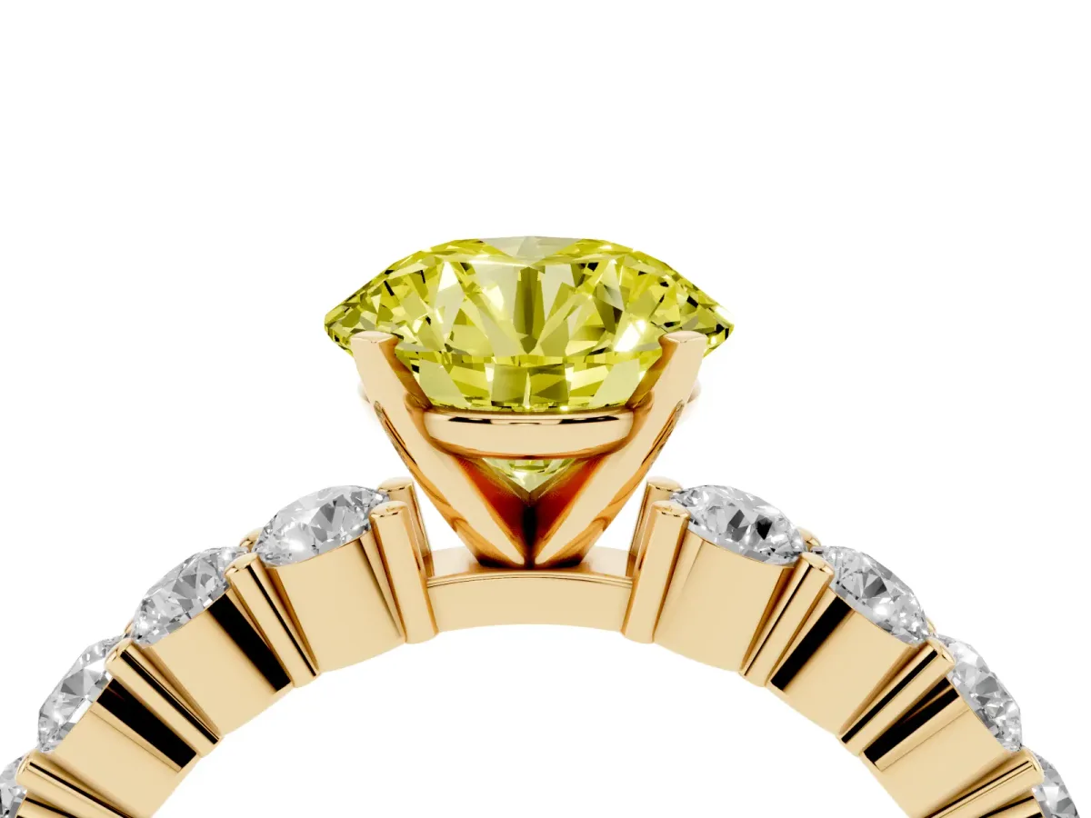 Fancy Yellow Round Cut Diamond Solitaire Ring with Shared Prong Round Side Stones Yellow gold