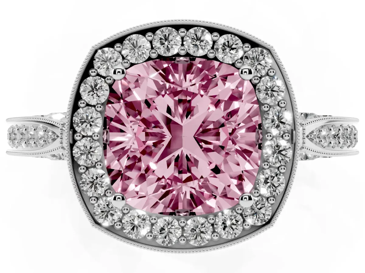 Fancy Pink Cushion Cut Halo Diamond Engagement Ring with Split Shank Band and Four-Prong Setting Silver