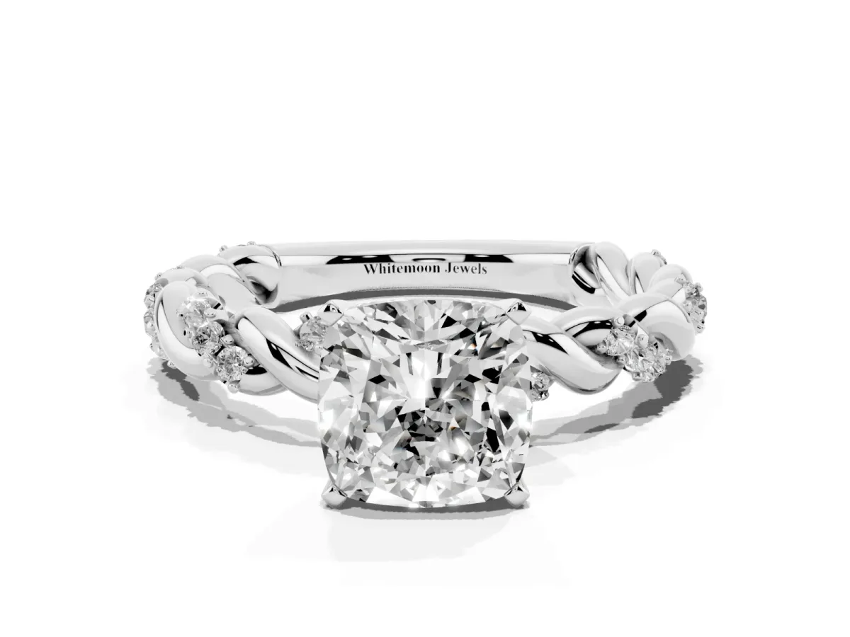 Cushion Cut Diamond Solitaire Ring with Twisted Band and Pavé Accents Platinum