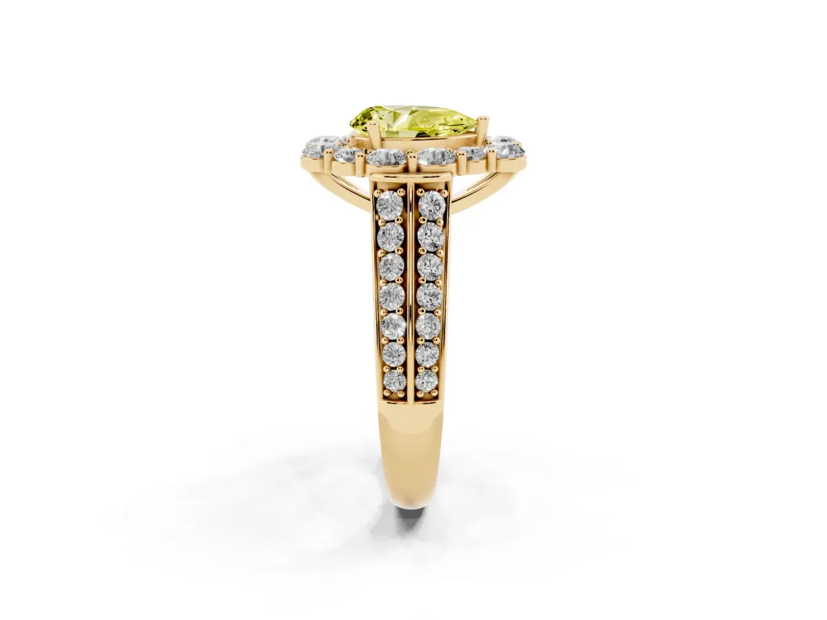 Fancy Yellow Pear Cut Halo Diamond Engagement Ring with Split Shank and Prong Setting Yellow gold