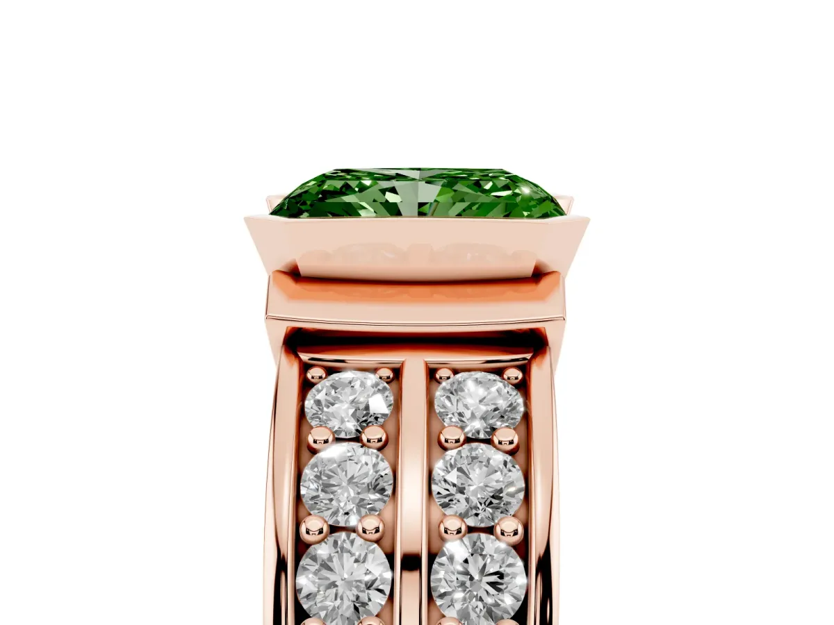 Fancy Green Radiant Cut Brilliant Diamond Channel Set Wide Band Ring with Bezel Setting Rose gold