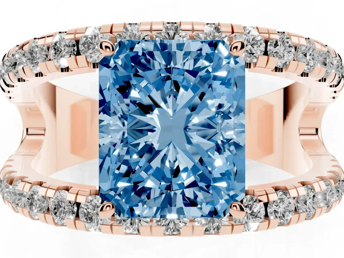 Fancy Blue Radiant Cut Solitaire Split Shank Pave Diamond Ring Rose gold