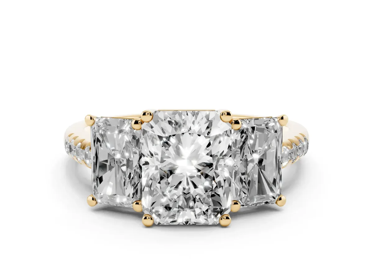 Three-Stone Radiant Cut Diamond Ring with Round Pavé Band and Prong Setting Yellow gold