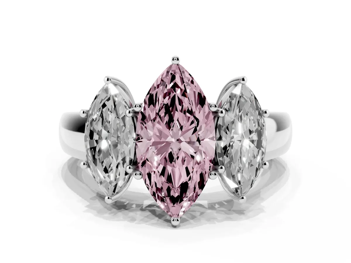 Fancy Pink Three-Stone Marquise Cut Cut Diamond Ring with Prong Setting and Classic Band Silver