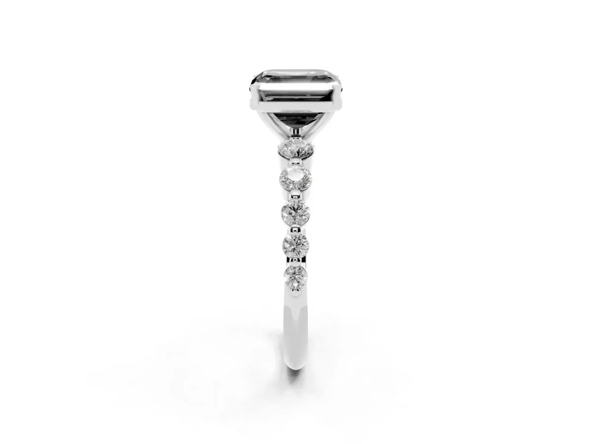 Fancy Black Asscher Cut Solitaire Diamond Ring with Pave Band and Four-Prong Setting Silver
