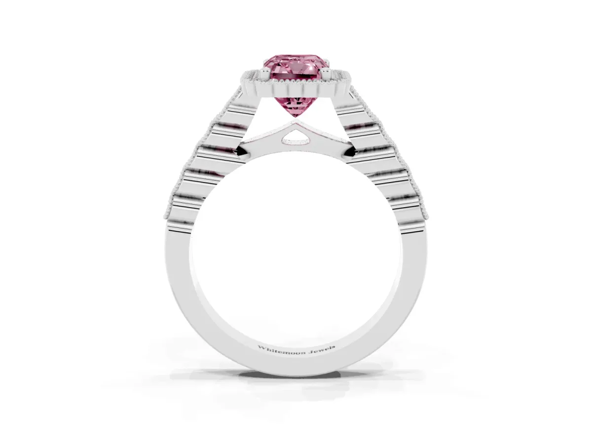 Fancy Pink Radiant Cut Cut Halo Pavé Solitaire Ring with Milgrain Band White gold