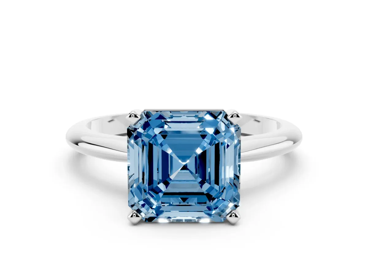 Fancy Blue Asscher Cut Cut Solitaire Ring with Four-Prong Setting on a Classic Band Platinum
