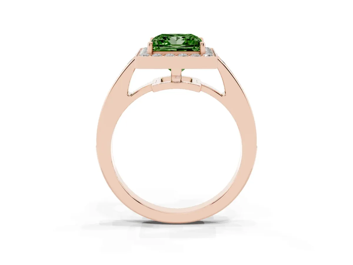 Fancy Green Princess Cut Halo Pavé Diamond Engagement Ring with Bezel Setting Rose gold