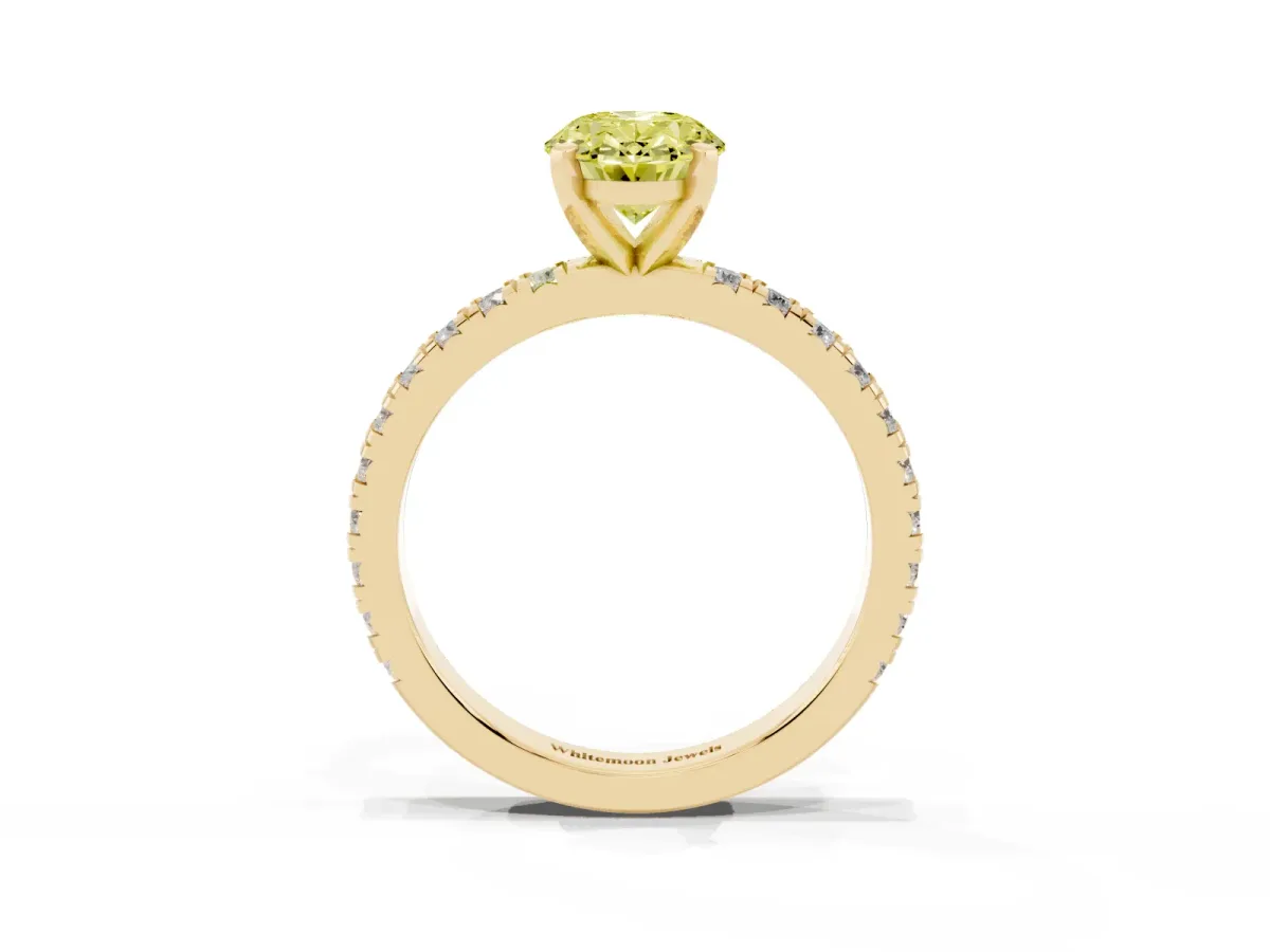 Fancy Yellow Oval Cut Diamond Pavé Band Solitaire with Four-Prong Setting Yellow gold