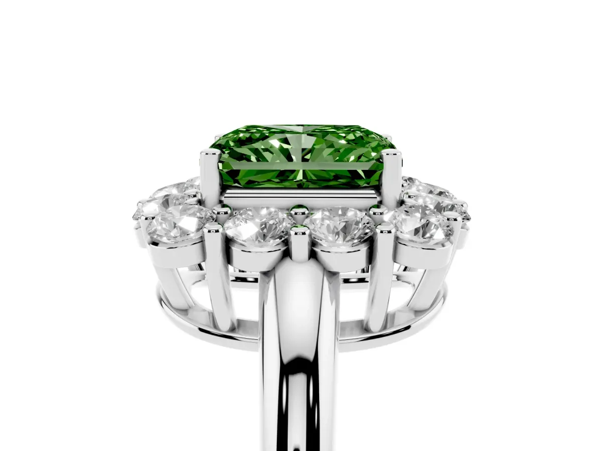 Fancy Green Radiant Cut Halo Cluster Diamond Engagement Ring with Prong Setting and Polished Band Platinum