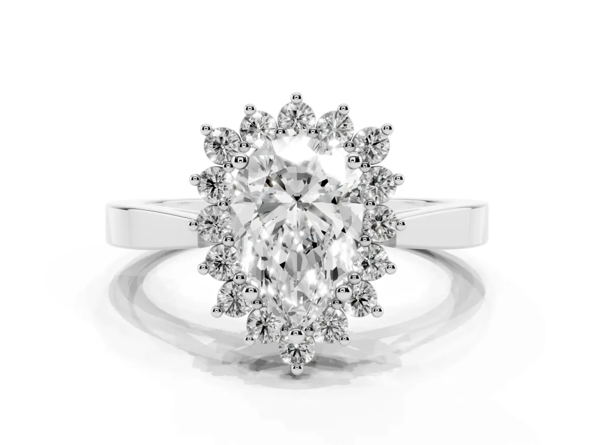 Pear Cut Cut Diamond Halo Ring with Round Brilliant Halo and Solitaire Band White gold