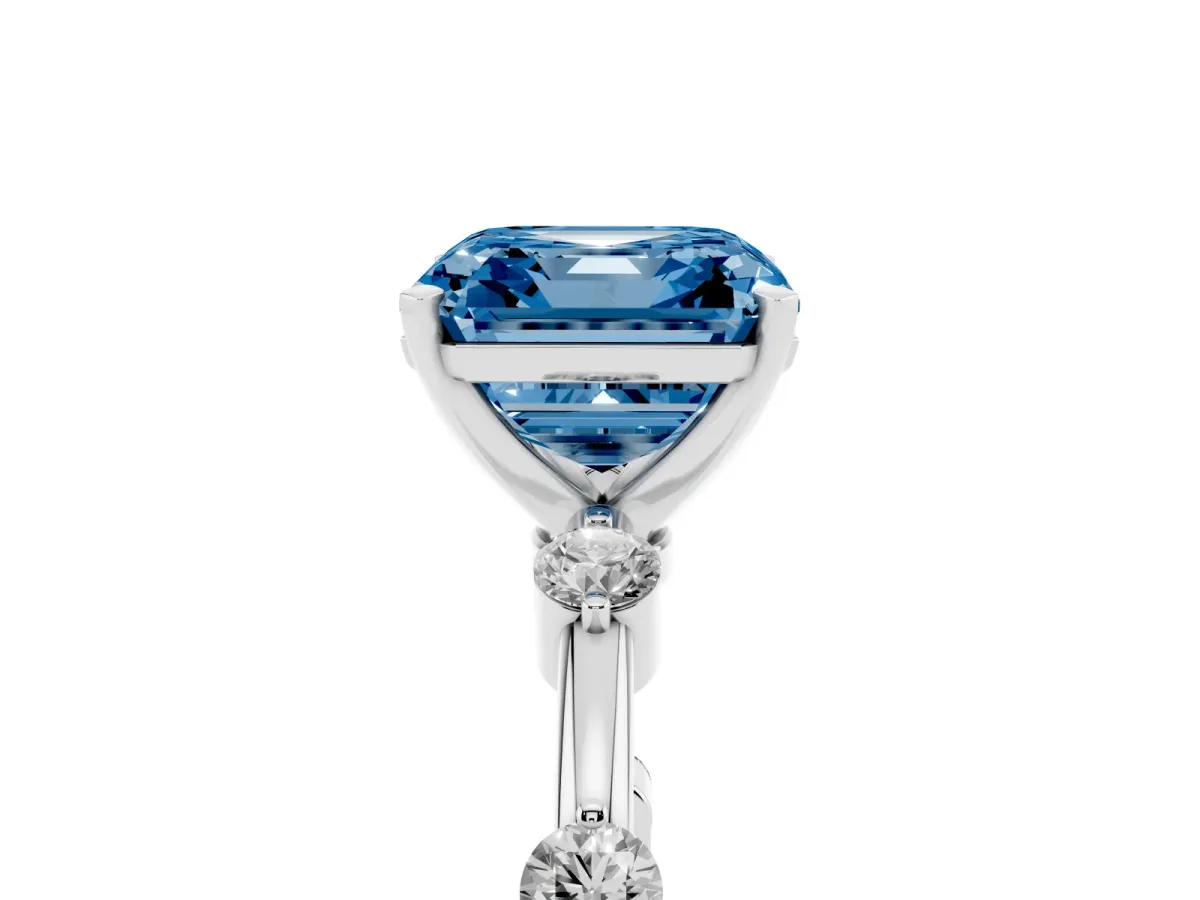 Fancy Blue Asscher Cut Solitaire Diamond Ring with Bezel Set Side Stones and Prong Setting Platinum