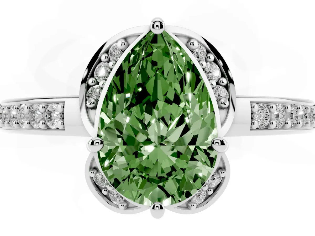 Fancy Green Pear Cut Cut Halo Diamond Ring with Channel Set Band and Four-Prong Setting Platinum