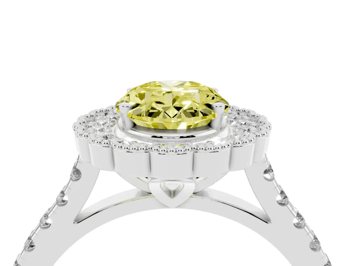 Fancy Yellow Oval Cut Cut Diamond Milgrain Floral Halo Engagement Ring with Pavé Band White gold