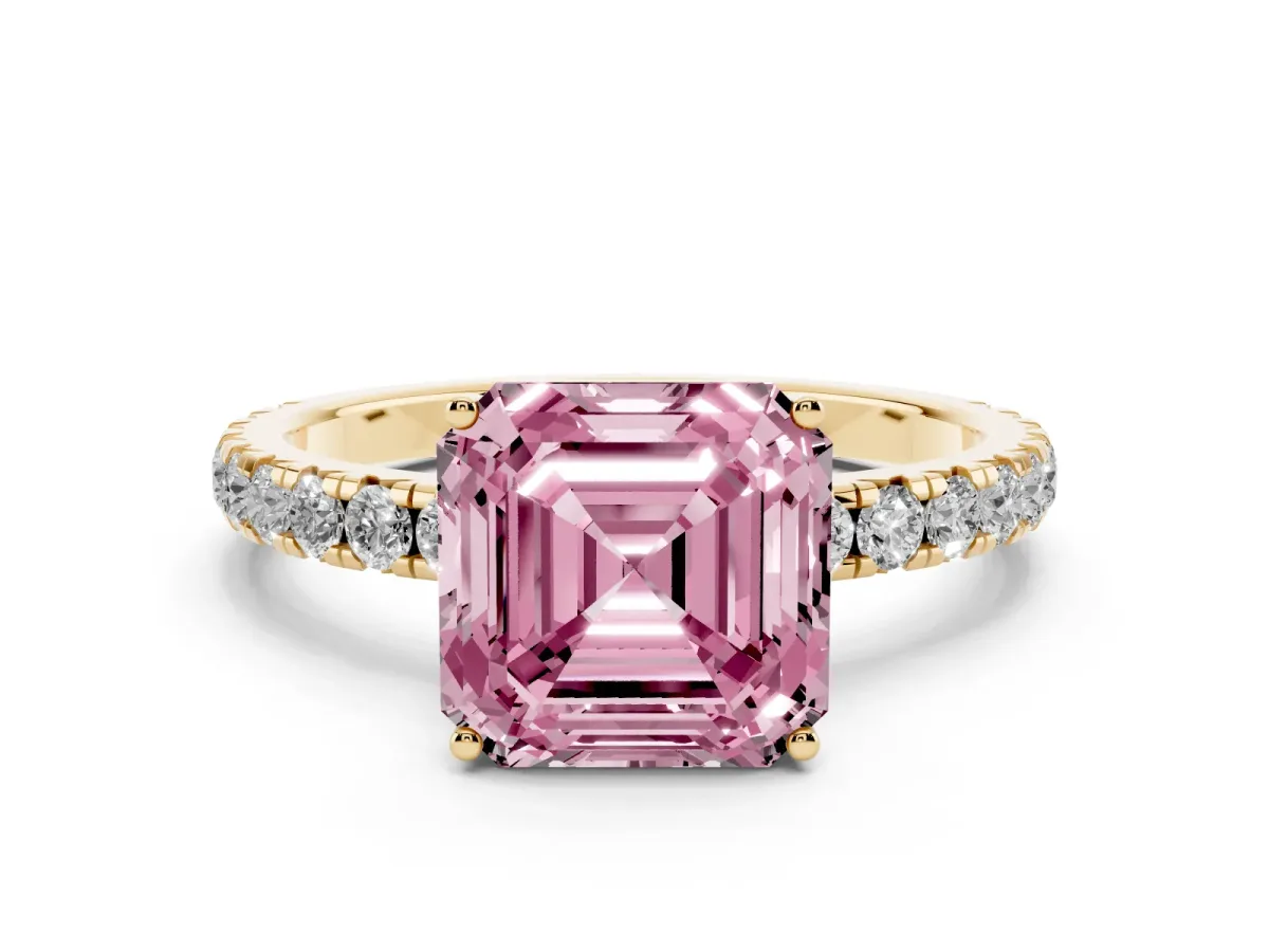 Fancy Pink Asscher Cut Diamond Pavé Solitaire Engagement Ring with Four-Prong Setting Yellow gold