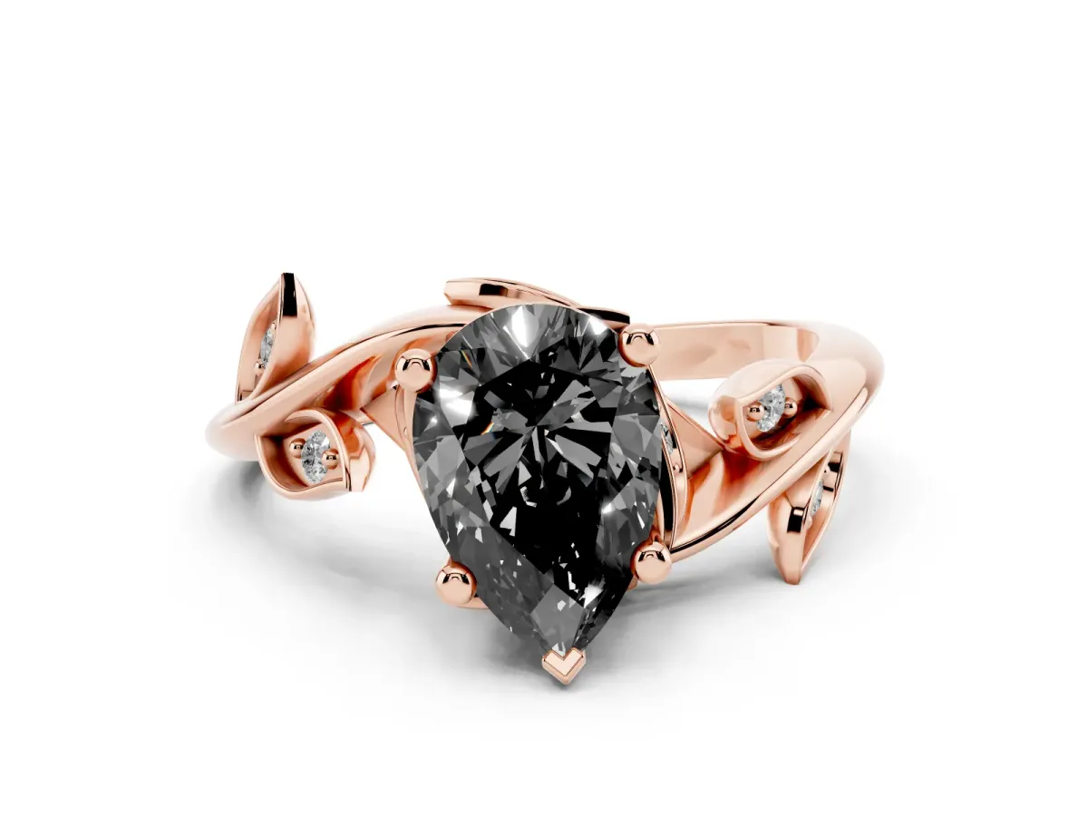 Fancy Black Pear Cut Solitaire Twist Engagement Ring with Leaf Accents and Prong Setting Rose gold