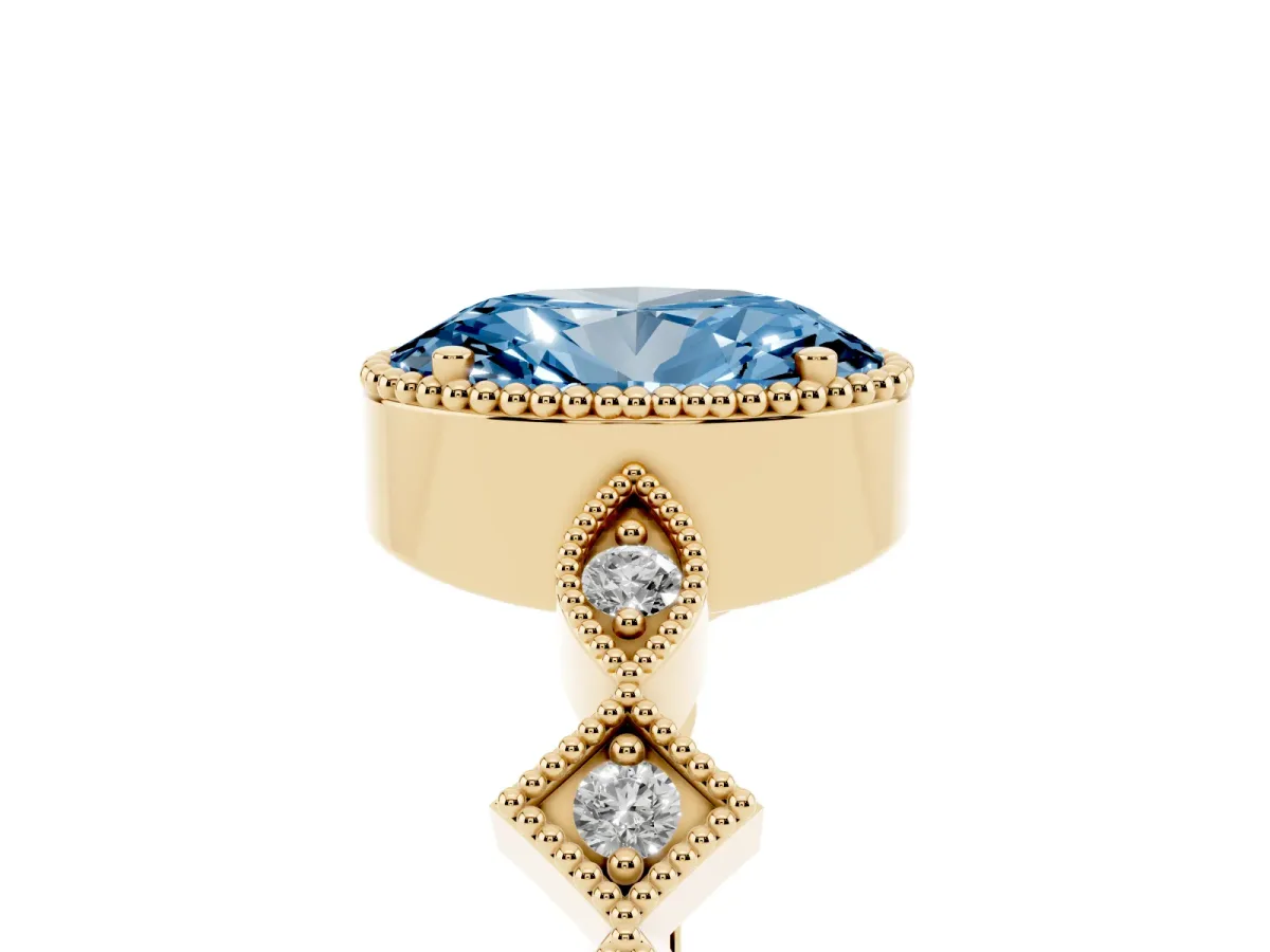 Fancy Blue Oval Cut Milgrain Marquise Diamond Twist Band Ring Yellow gold