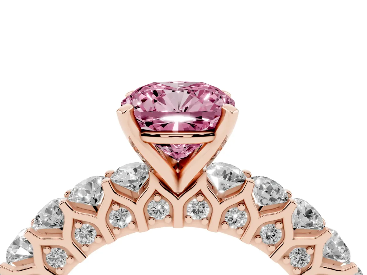 Fancy Pink Cushion Cut Diamond Solitaire Ring with Shared Prong Pavé Band and Four-Prong Setting Rose gold