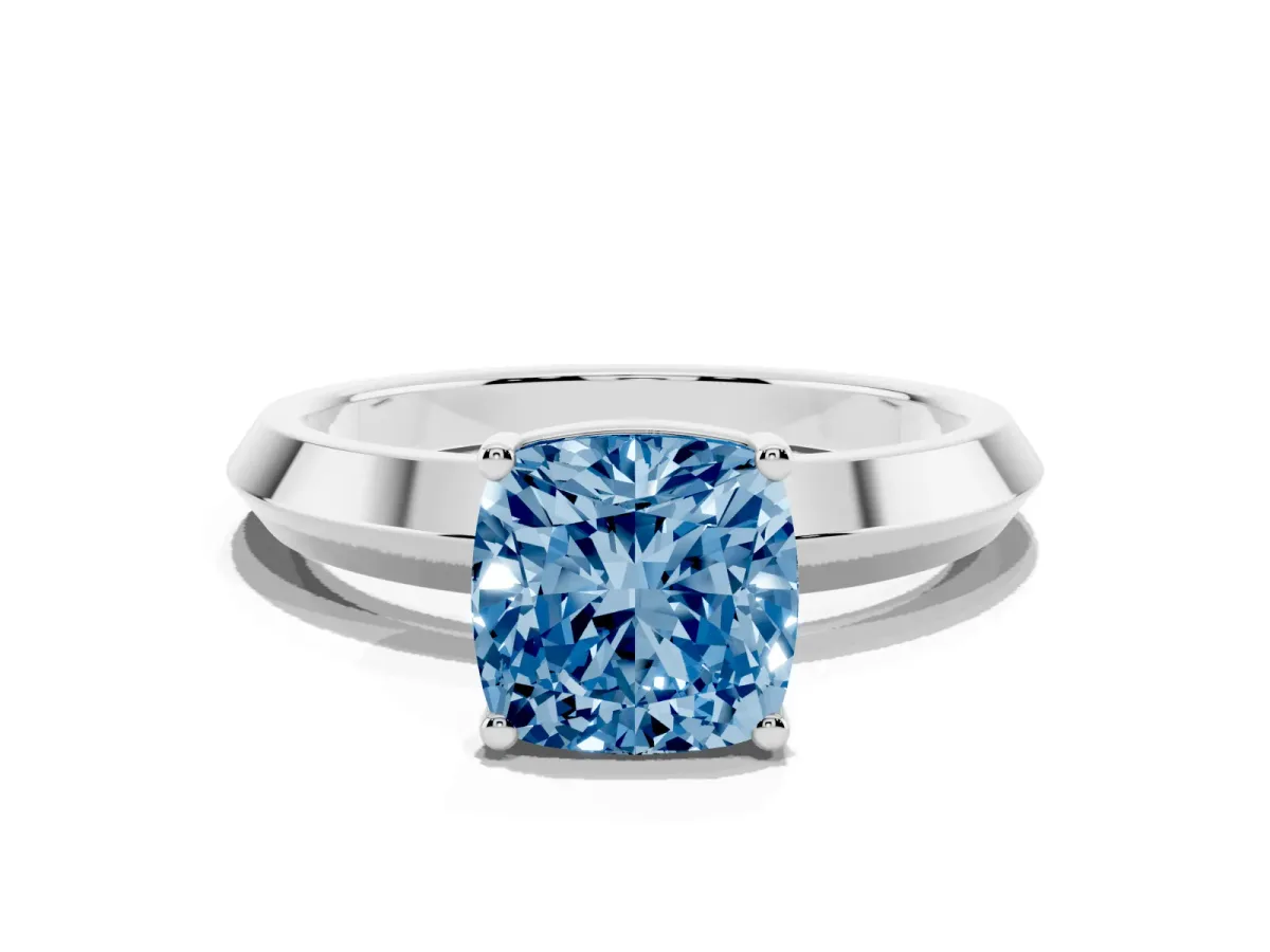 Fancy Blue Cushion Cut Cut Solitaire Engagement Ring with Flat Band and Four-Prong Setting Silver