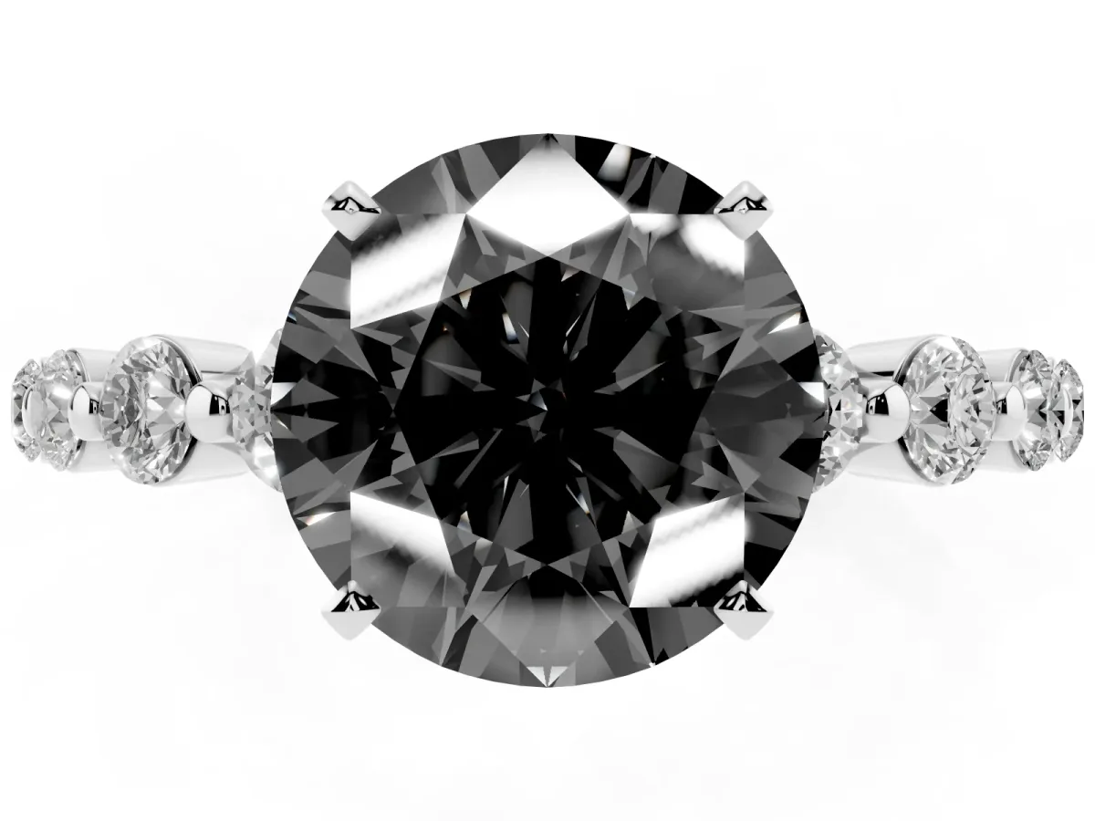 Fancy Black Round Cut Solitaire Diamond Ring with Pave Band and Four-Prong Setting Silver