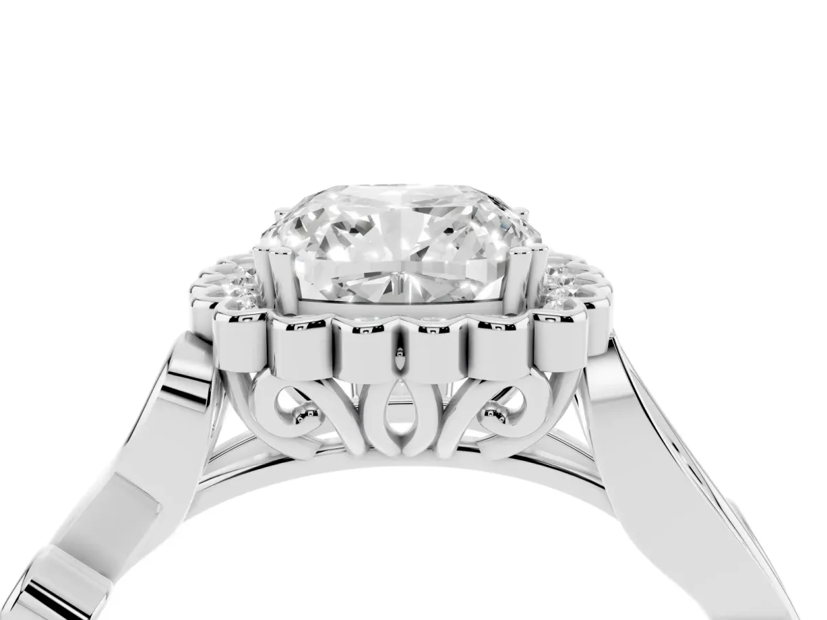 Cushion Cut Diamond Halo Ring with Vintage Split Shank and Four-Prong Setting Silver