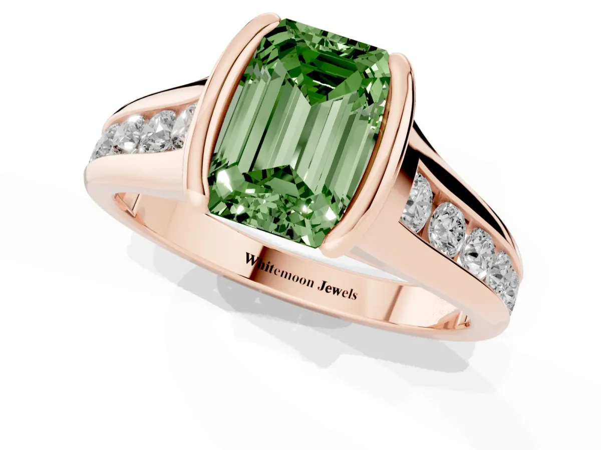 Fancy Green Emerald Cut Solitaire Bezel-Set Diamond Ring with Channel-Set Band Rose gold