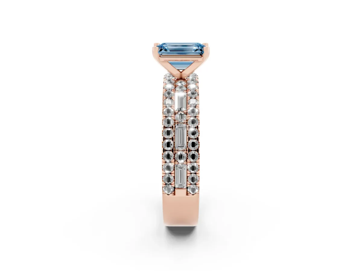 Fancy Blue Emerald Cut Diamond Solitaire Ring with Pavé and Channel Set Band Rose gold