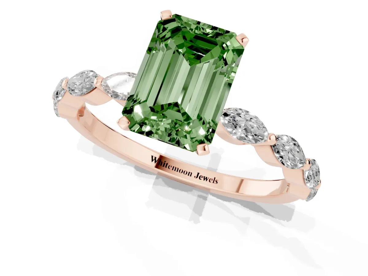 Fancy Green Emerald Cut Diamond Ring with Marquise Side Stones and Prong Setting Rose gold