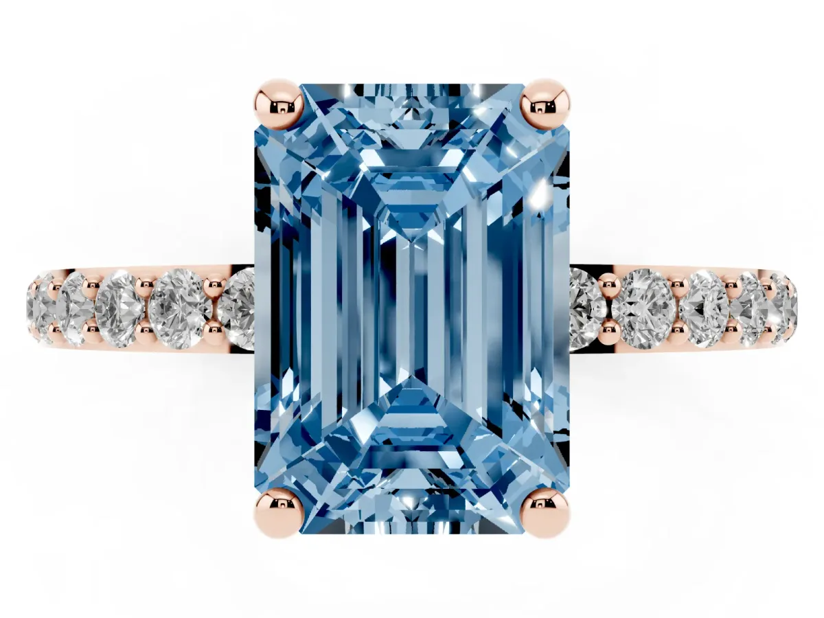 Fancy Blue Emerald Cut Diamond Solitaire Ring with Round Pavé Band and Prong Setting Rose gold
