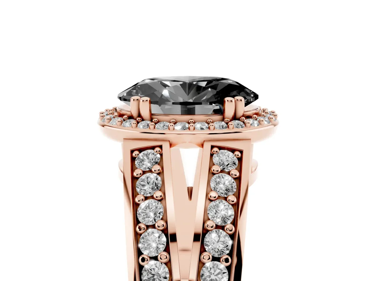 Fancy Black Oval Cut Diamond Halo Ring with Split Shank Pavé Band and Four-Prong Setting Rose gold