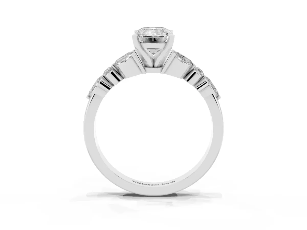Emerald Cut Diamond Solitaire Ring with Side Stones and Four-Prong Setting Platinum