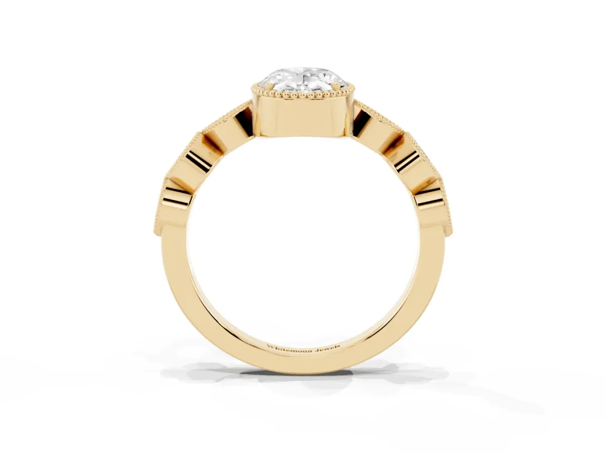 Oval Cut Diamond Vintage Milgrain Ring with Round Stations Yellow gold